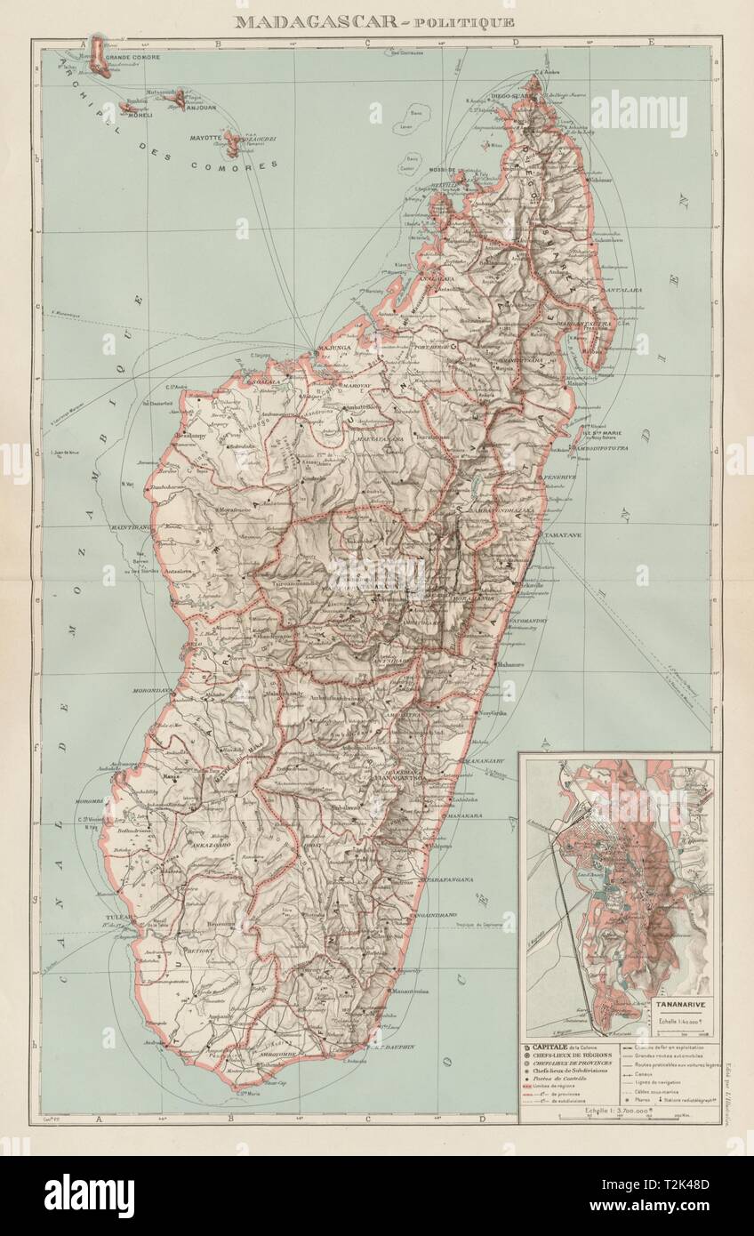 COLONIAL MADAGASKAR. Antananarivo/Antananarivo Stadt zu planen. Komoren Mayotte 1929 Karte Stockfoto