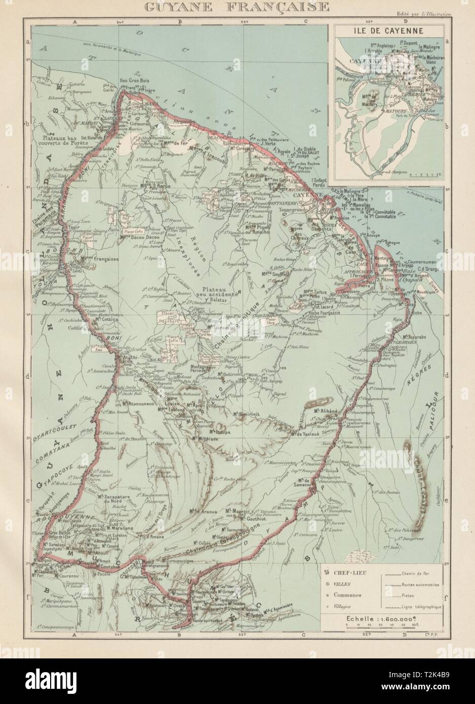 Französisch Guyana. Guyane Française. Île de Cayenne plan 1929 alte vintage Karte Stockfoto