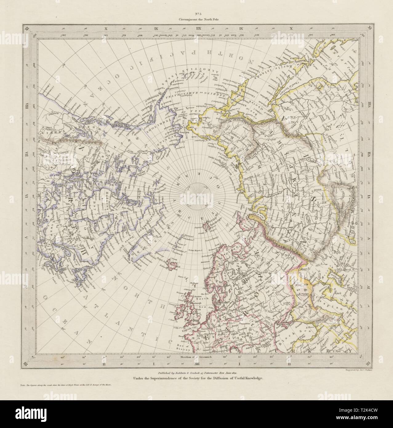 Nordpol Arktis bis 45˚N Latitude. Alaska als russisches Territorium SDUK 1844 Karte Stockfoto