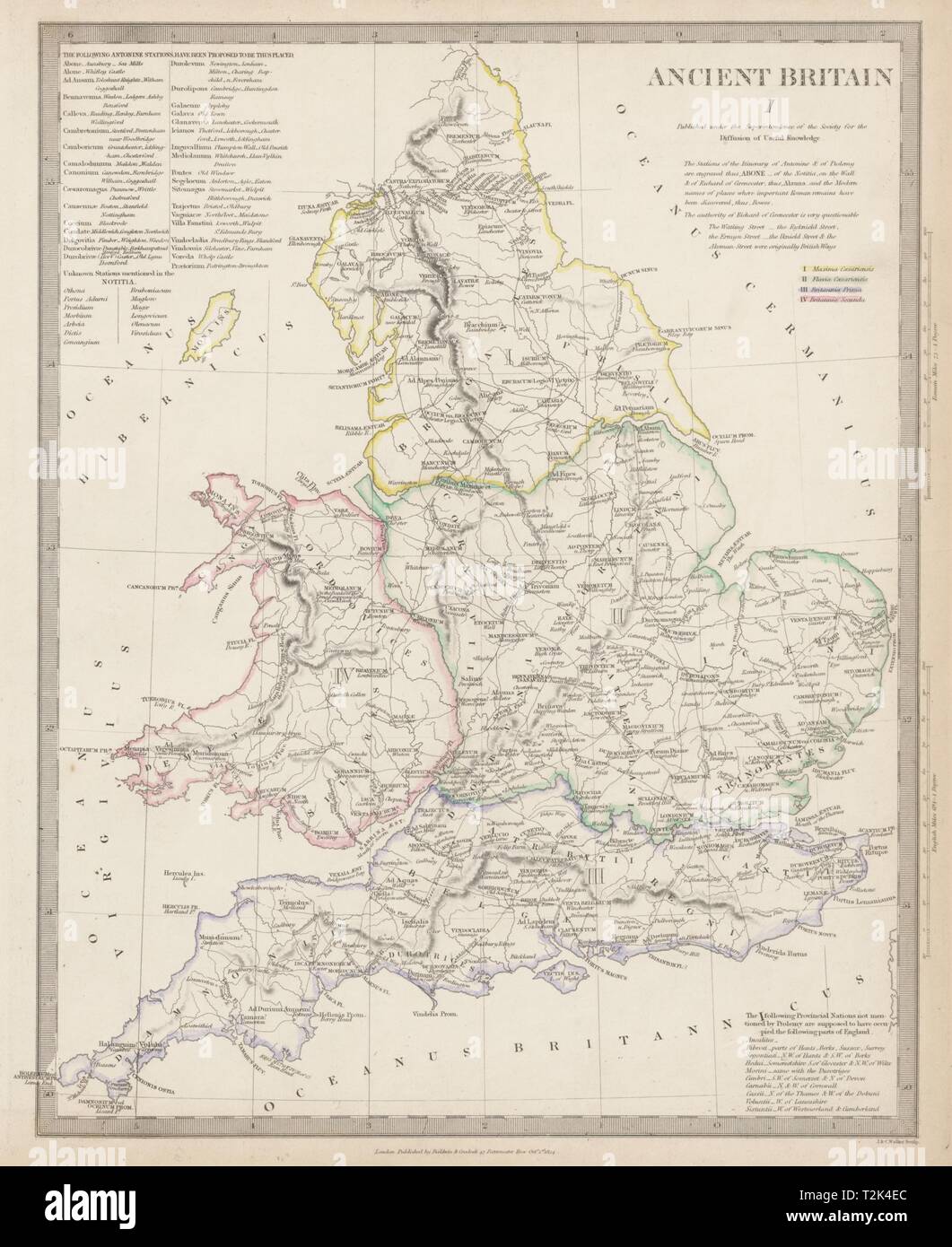 Alte Großbritannien. England und Wales römische Straße Stadt Namen. Ptolemäus SDUK 1844 Karte Stockfoto