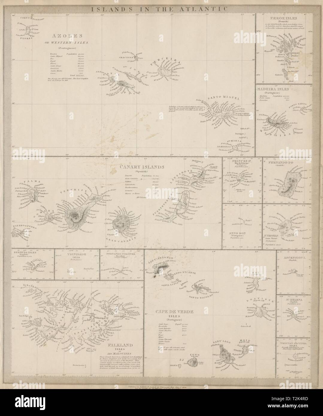 Atlantischen Inseln. Azoren Madeira Kanarische Bermuda Falkland Inseln Färöer SDUK 1844 Karte Stockfoto