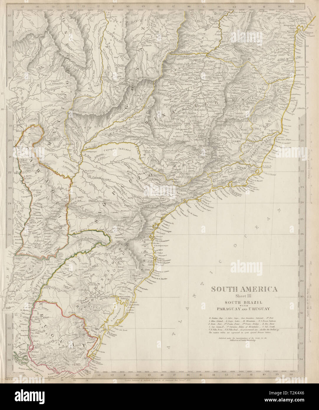 In Brasilien, Paraguay und Uruguay. Minas Gerais Bahia Sao Paolo. SDUK 1844 Karte Stockfoto