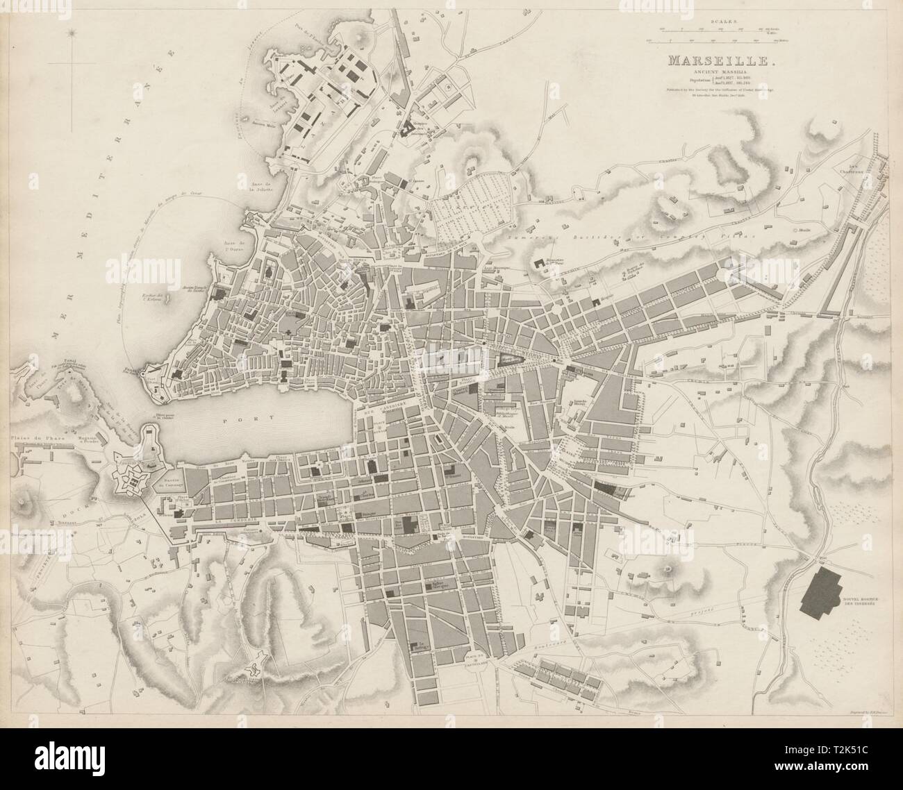 MARSEILLE antike Stadt Stadtplan. Alte Massilia. Marseille. SDUK 1844 Stockfoto