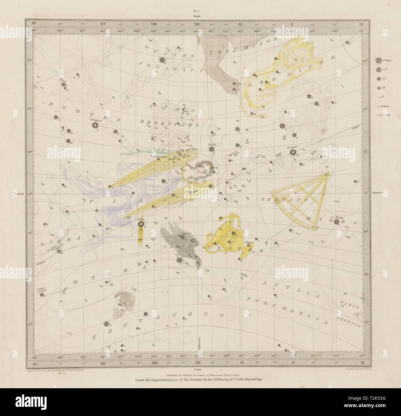 Astronomie ASTRO Star Karte Diagramm Zeichen 3 Herbsttagundnachtgleiche. SDUK 1847 alte Stockfoto