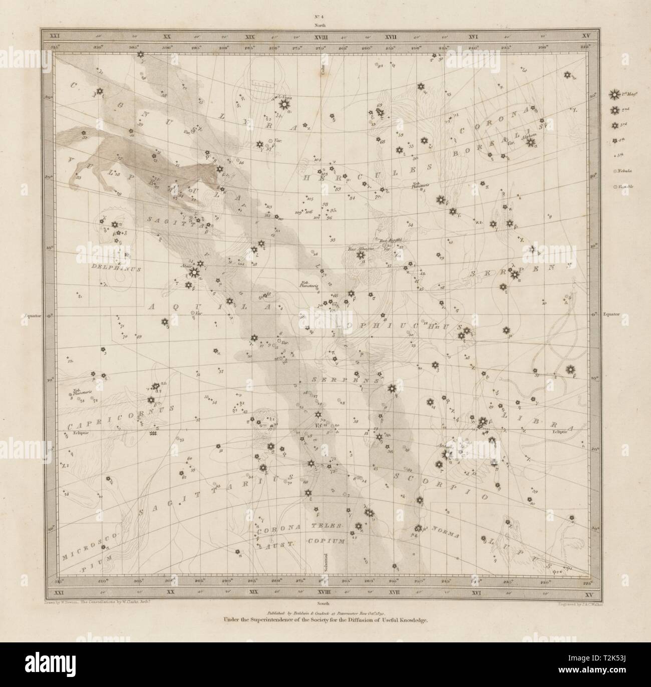 Astronomie ASTRO Star Karte Diagramm Zeichen 4 Wintersonnenwende. SDUK 1847 alte Stockfoto