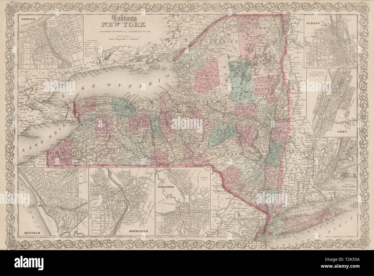 "Colton's New York" Staat Oswego Buffalo Rochester Syracuse Troy Albany 1863 Karte Stockfoto
