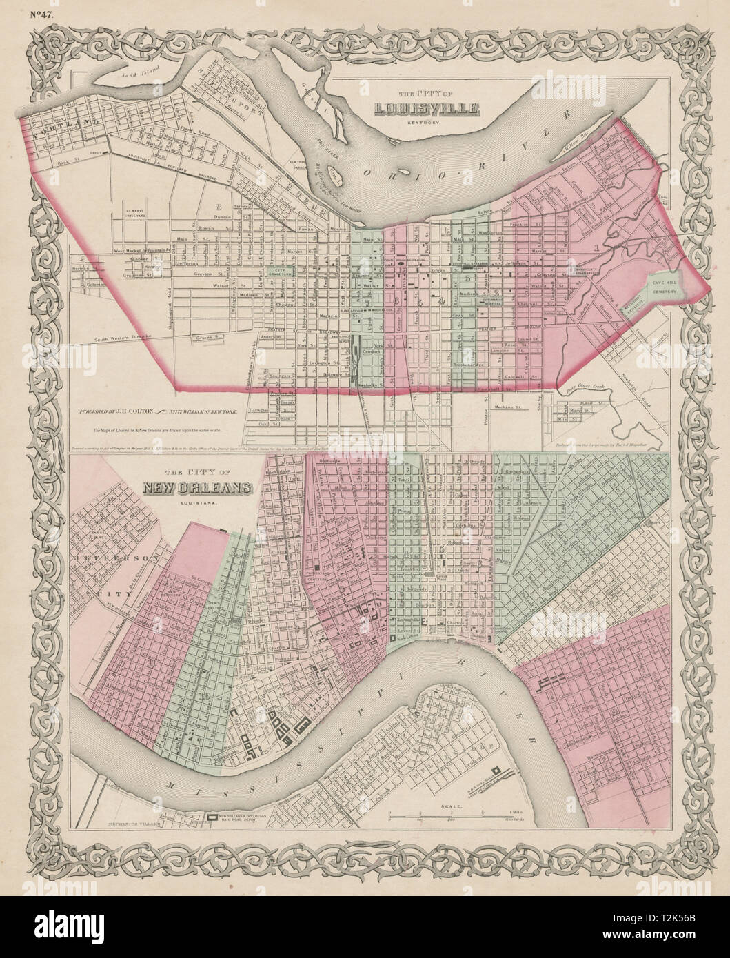 Louisville, Kentucky und New Orleans, Louisiana antiken Stadt plant COLTON 1863 Karte Stockfoto