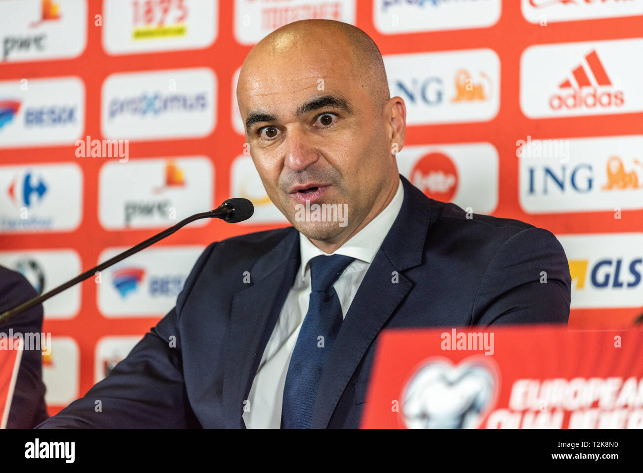 Brüssel, Belgien - 20. März 2019. Belgien National Football Team Coach Roberto Martinez auf einer Pressekonferenz nach der UEFA Euro 2020 Qualifikation mat Stockfoto