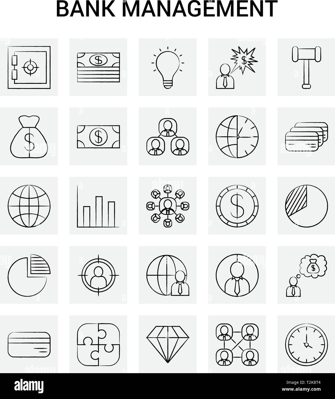 25 Hand gezeichnet Bank Management Icon Set. Grauer Hintergrund Vektor ...