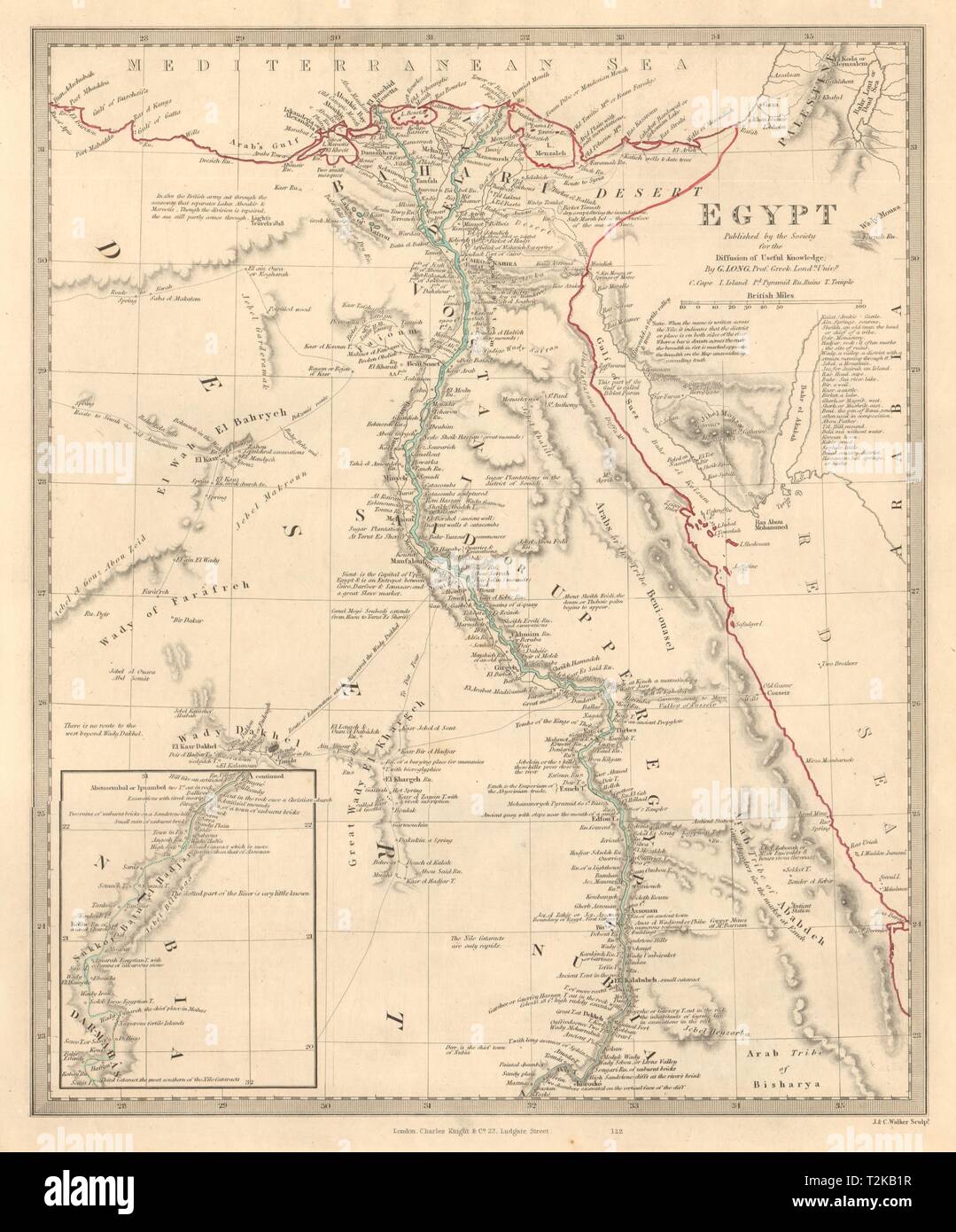 Ägypten. Das Niltal. Antike Stätten. Ursprüngliche Farbe der Umrandung. SDUK 1846 alte Karte Stockfoto