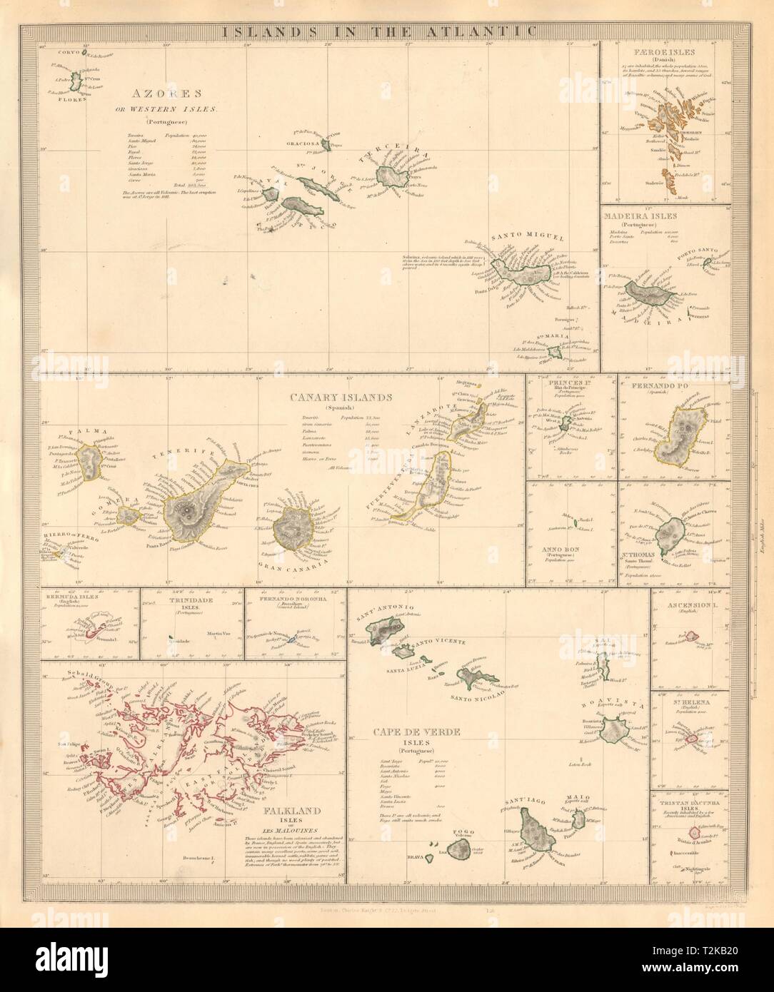 Atlantischen Inseln. Azoren Madeira Kanarische Bermuda Falkland Inseln Färöer. SDUK 1846 Karte Stockfoto