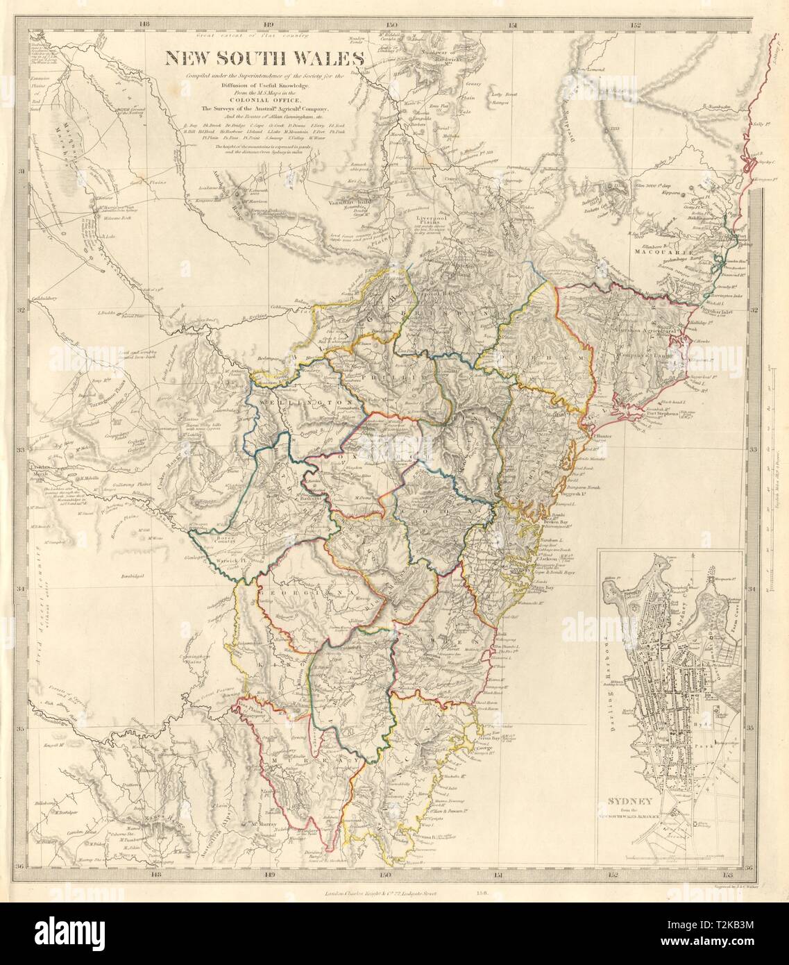 NEW SOUTH WALES am Cunningham routen. SYDNEY City planen. SDUK 1846 Karte Stockfoto