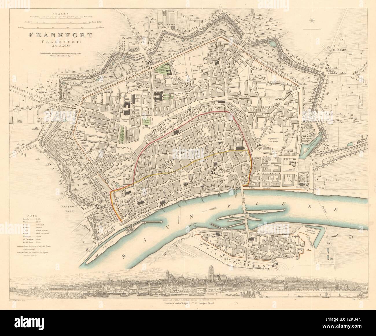 FRANKFURT AM MAIN. Antike Stadt Stadtplan Plan. Panorama. bin Mayn. SDUK 1847 Stockfoto