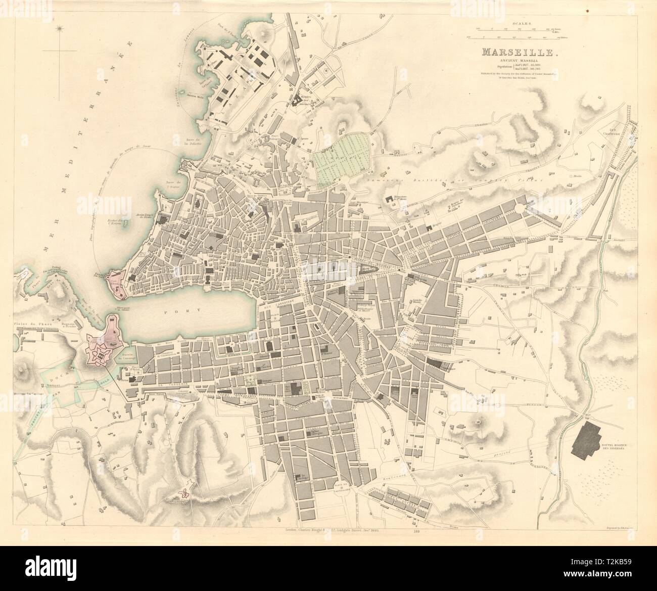MARSEILLE. Antike Stadt Stadtplan. Alte Massilia. Marseille. SDUK 1847 Stockfoto