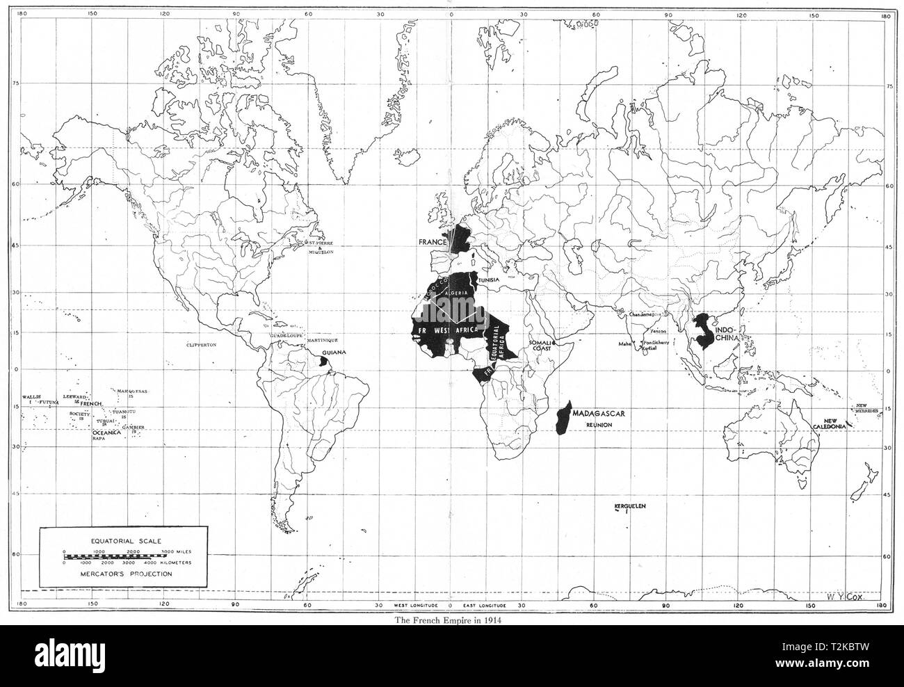 Welt. Das französische Kaiserreich 1914 1948 alte vintage Karte plan plan Stockfoto