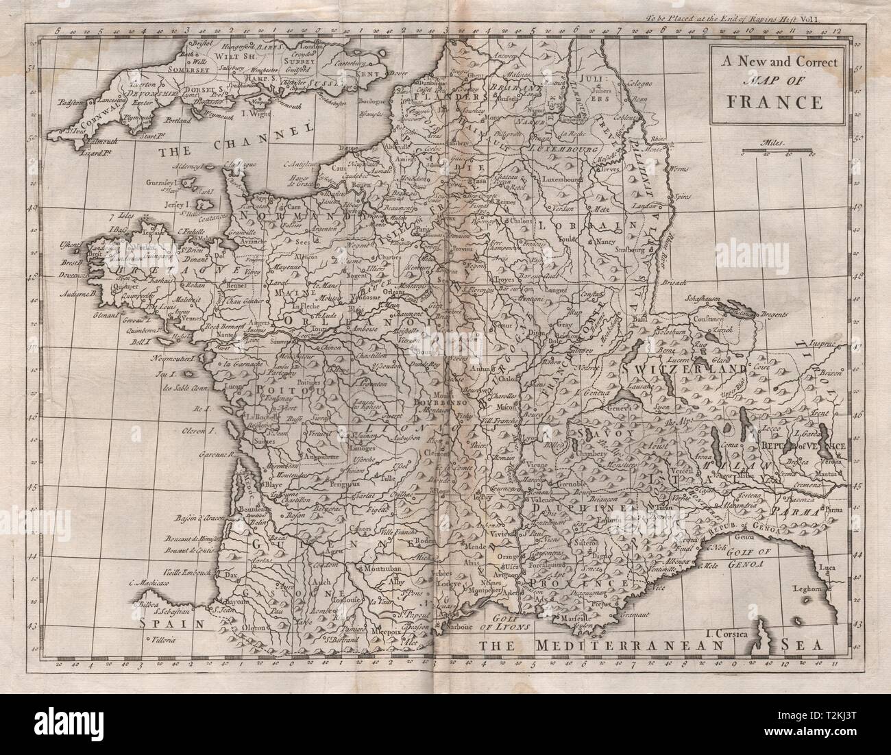 Eine Neue und korrekte Karte von Frankreich. TINDAL c 1745 alte antike plan plan Stockfoto