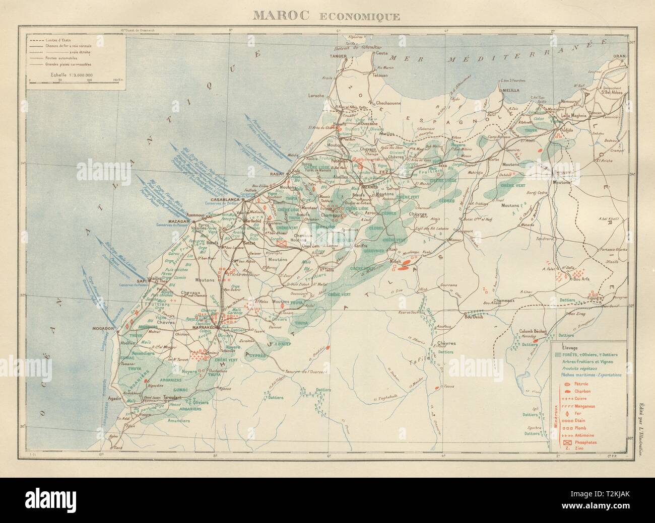 Französisch MAROKKO WIRTSCHAFTLICHE/Ressourcen Maroc Protectorat français Economique 1931 Karte Stockfoto