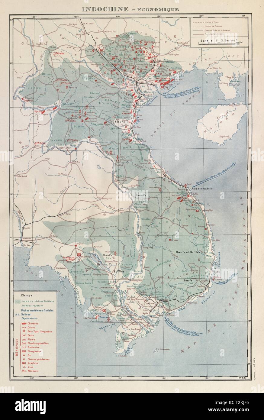 Kolonialen Französisch Indochina. Indochine française. Economique. Wirtschaftliche 1931 Karte Stockfoto