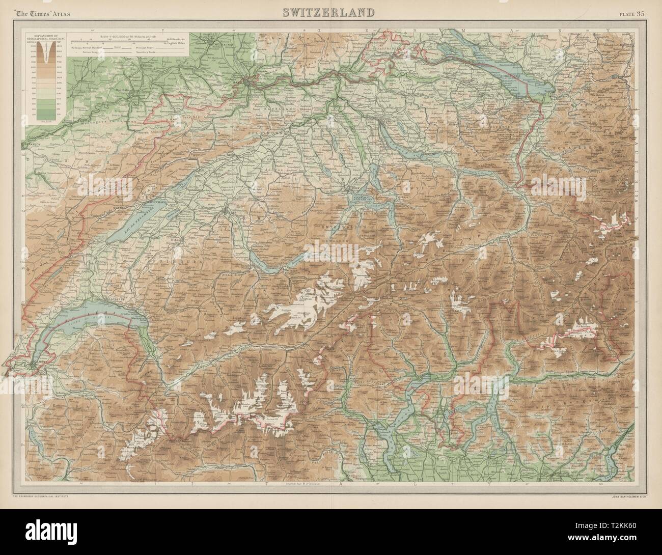 Die Schweiz. Relief Berge Gletscher Bahnen. Die Zeiten 1922 alte Karte Stockfoto