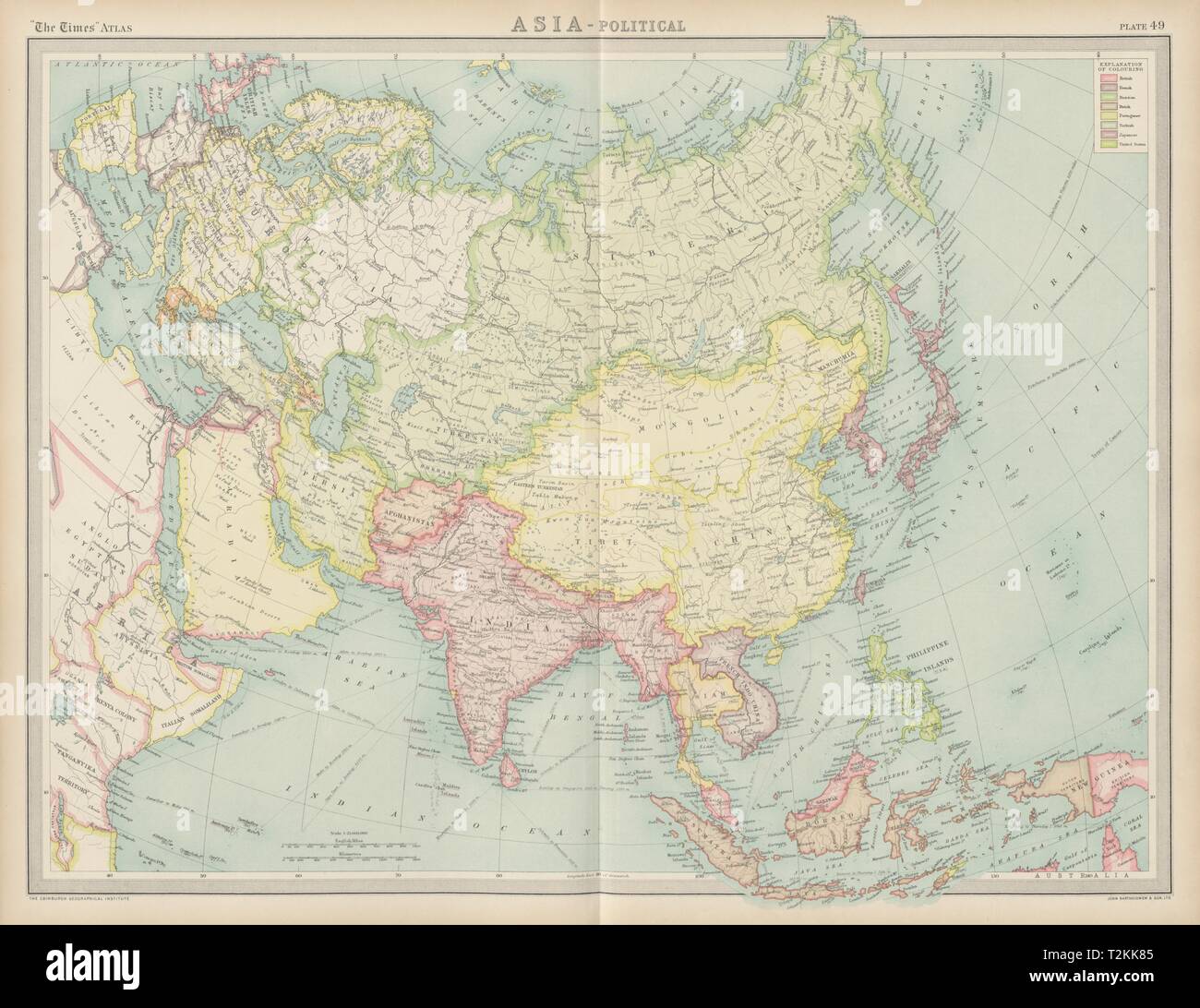 Asien politisch. Chinesischen Mongolei. Französisch Indochina Japan Korea Times 1922 Karte Stockfoto