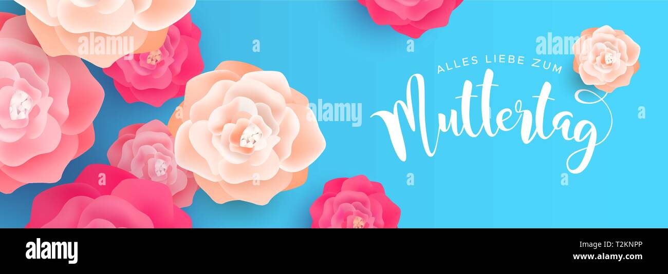 Glückliche Mütter Tag, Web Banner Abbildung in deutscher Sprache für Mama liebe Urlaub. Rosa Feder rosa Blüten auf blauem Hintergrund. Stock Vektor