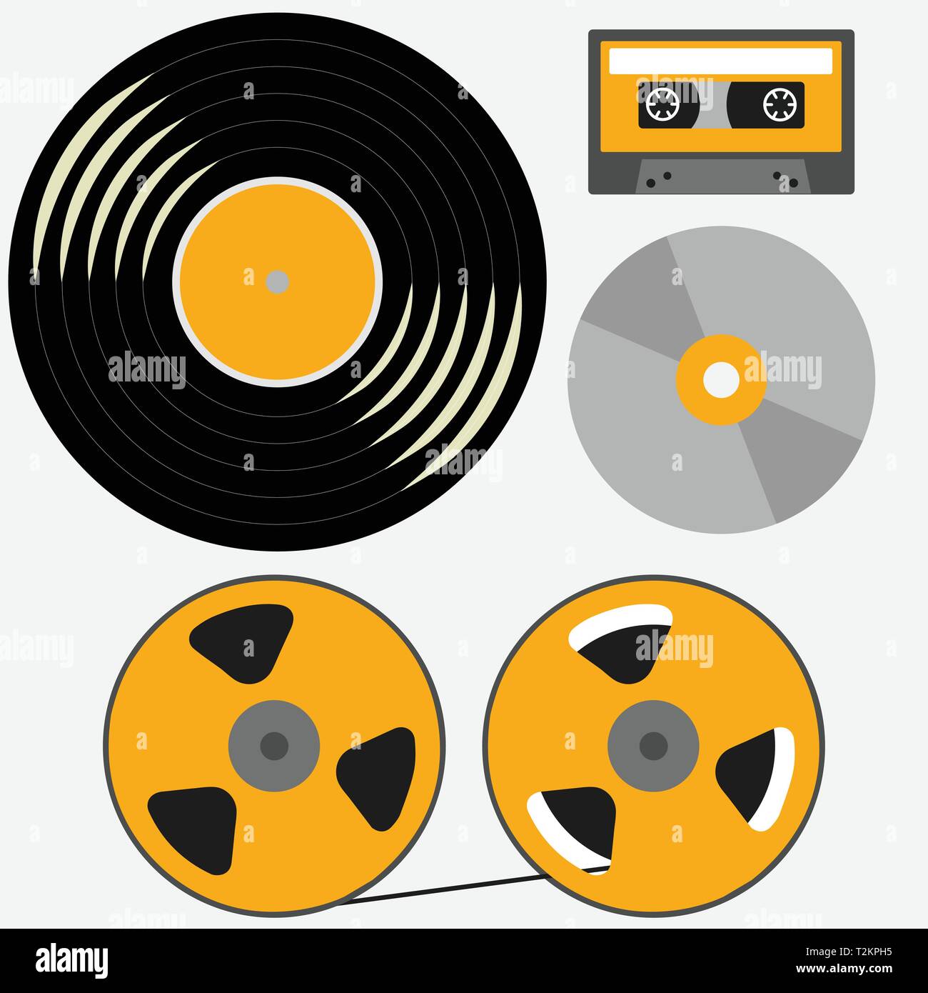 Verschiedene Music Records: Vinyl, Audio Cassette, Compact Disk, Reel Tape zu Haspel Stock Vektor