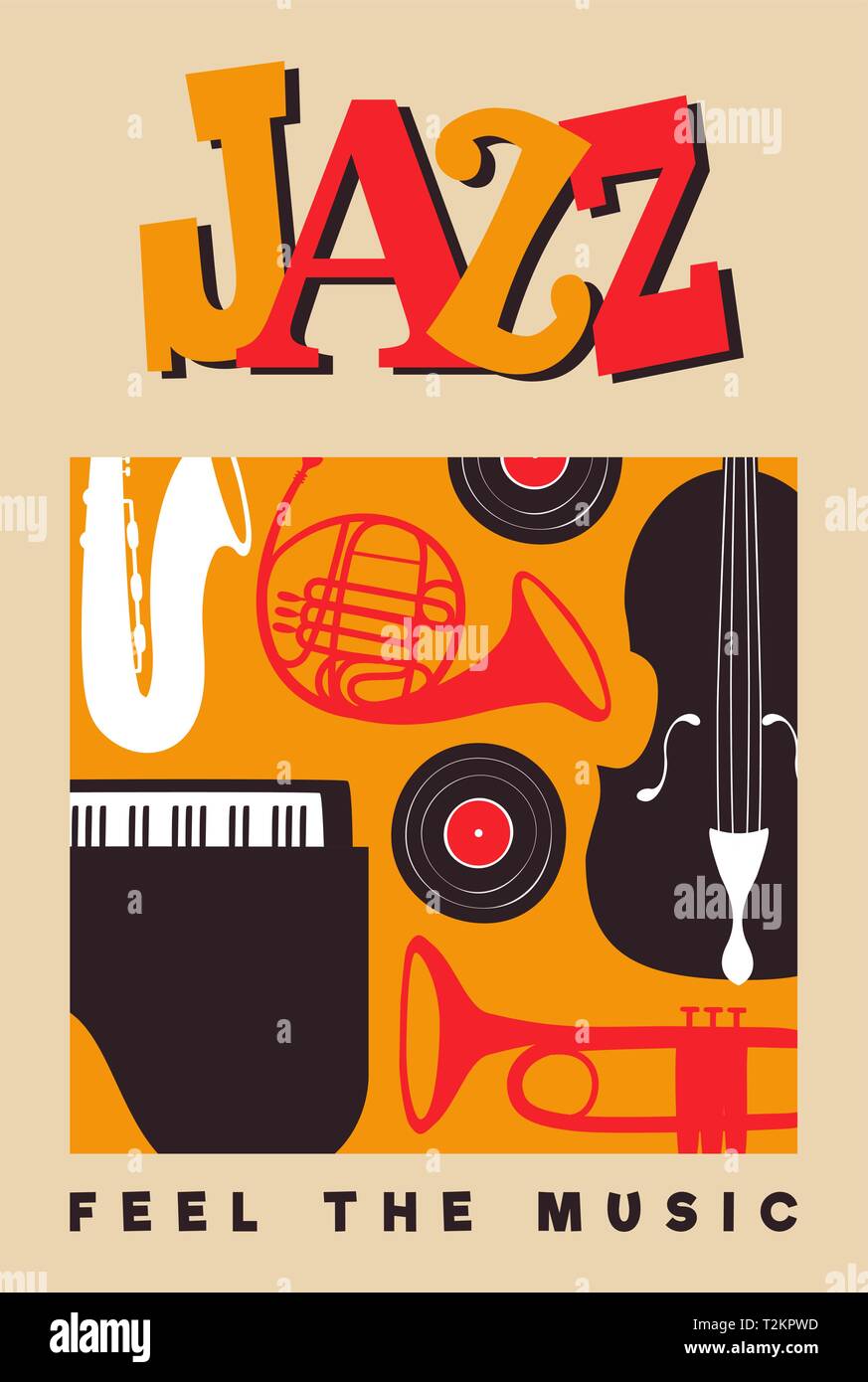 Jazz Tag Plakat Illustration für Musik Festival Event oder Konzert. Retro Hintergrund mit der Mitte des letzten Jahrhunderts Vintage Style Band Instrumente. Stock Vektor