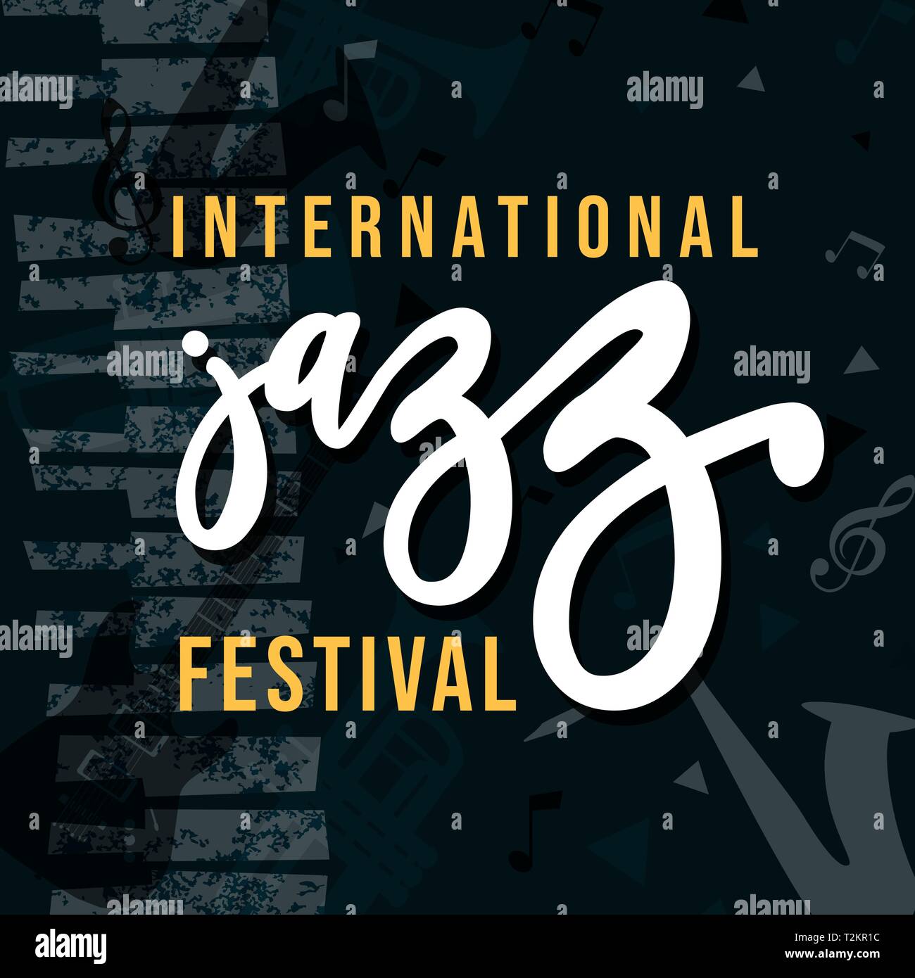International Jazz Festival Plakat Illustration für besondere Musik Veranstaltung. Grunge Texturen Hintergrund mit Piano und Noten. Stock Vektor
