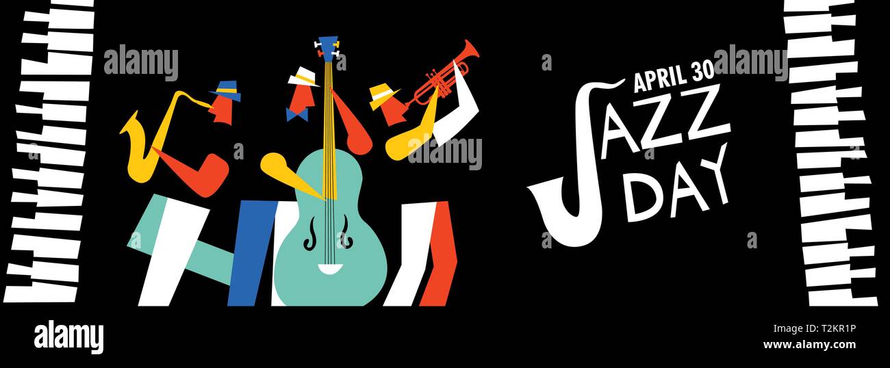 Jazz Tag banner Illustration für Musik feier Veranstaltung. Live Band spielt Saxophon, Posaune und Kontrabass mit Klavier Tasten. Stock Vektor