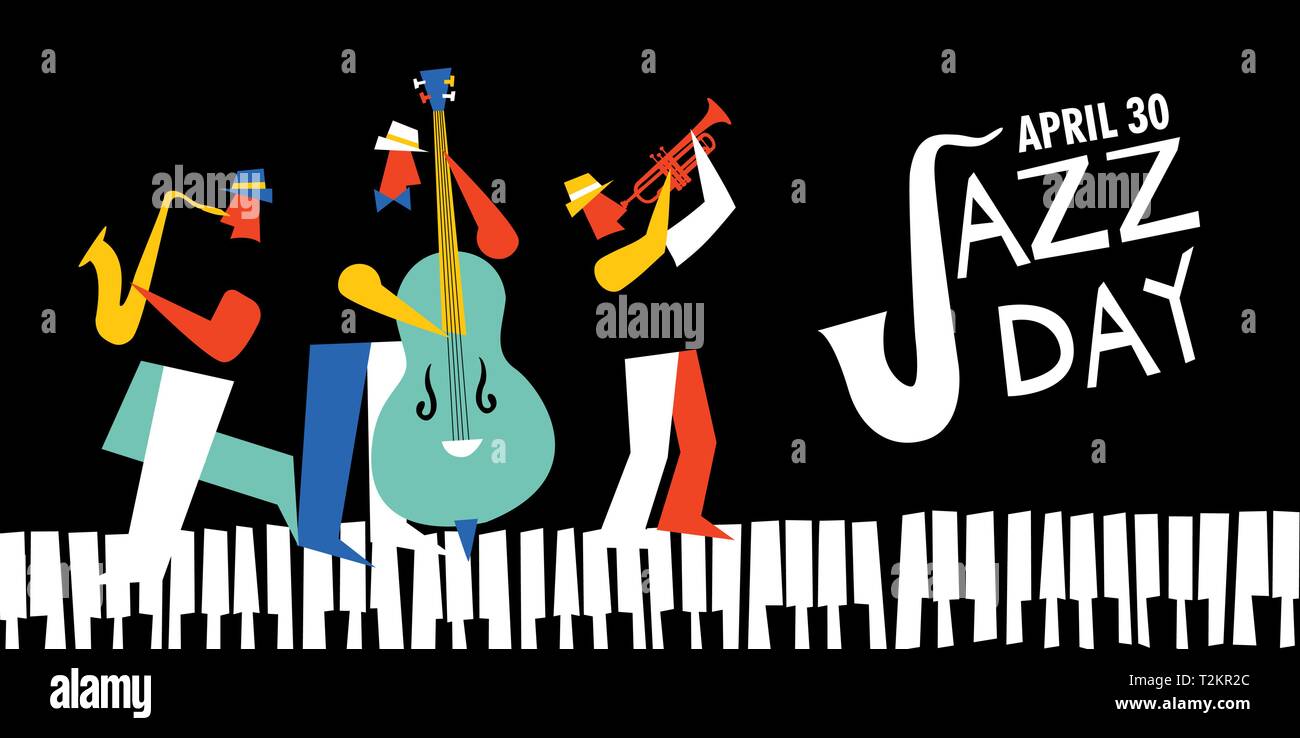Jazz Tag Illustration für Musik feier Veranstaltung. Live Band spielt Saxophon, Posaune und Kontrabass mit Klavier Tasten. Stock Vektor