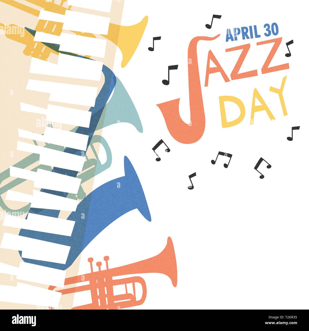 April 30 Jazz Tag poster Abbildung der vielfältigen Musik Band Instrumente mit Noten. Mit Trompete, Saxophon, Klavier und Gitarre. Stock Vektor