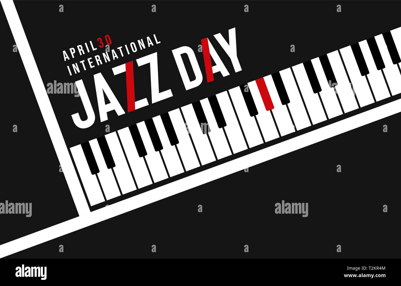 April 30 Jazz Tag Abbildung: Moderne schwarze Taste Hintergrund mit roten Typografie Angebot für Konzert oder Festival Veranstaltung. Stock Vektor