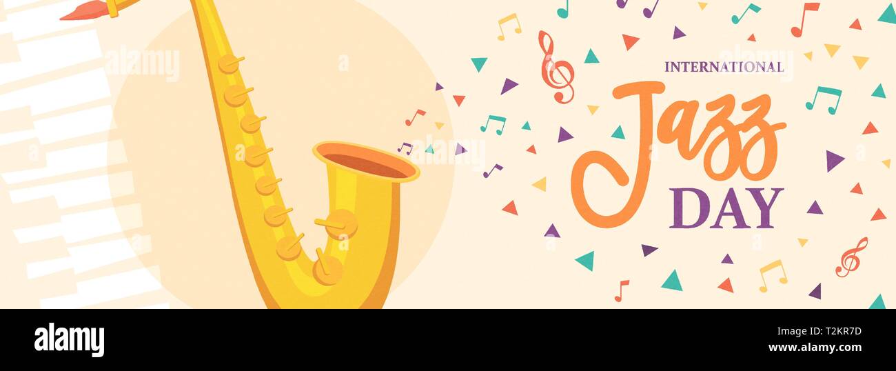 International Jazz Tag Web Banner Abbildung: Saxophon und bunten Noten für Konzert oder Festival event Feier. Stock Vektor