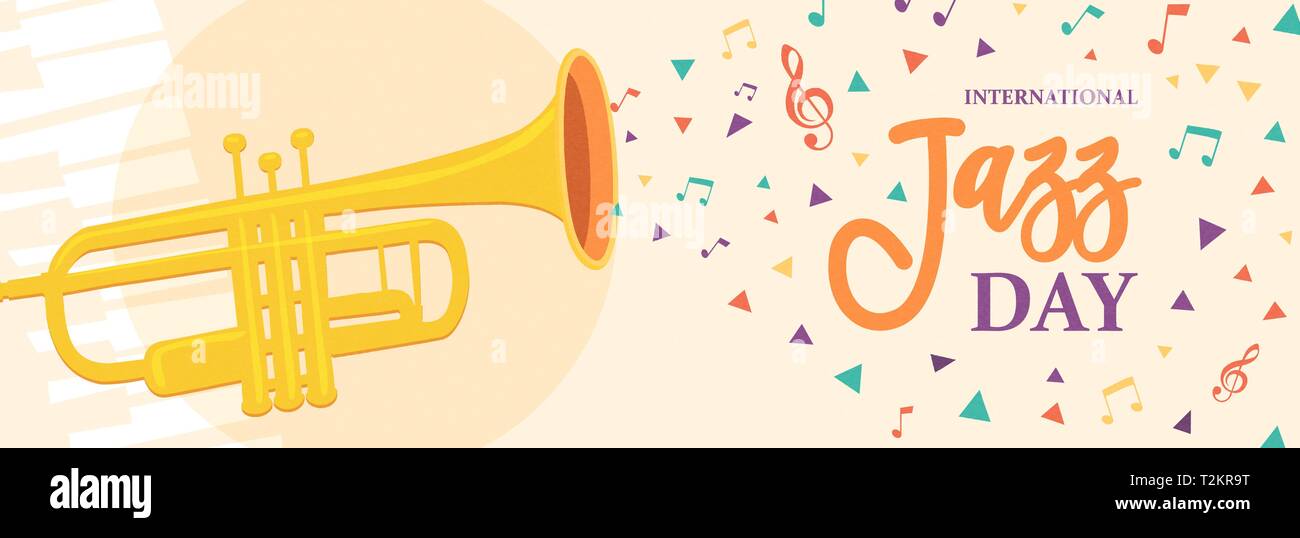 International Jazz Tag Web Banner Abbildung: Trompete und bunten Noten für Konzert oder Festival event Feier. Stock Vektor