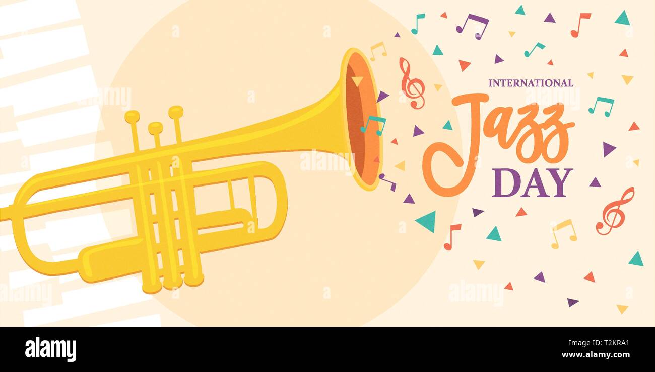 International Jazz Tag Abbildung: Trompete und bunten Noten für Konzert oder Festival event Feier. Stock Vektor