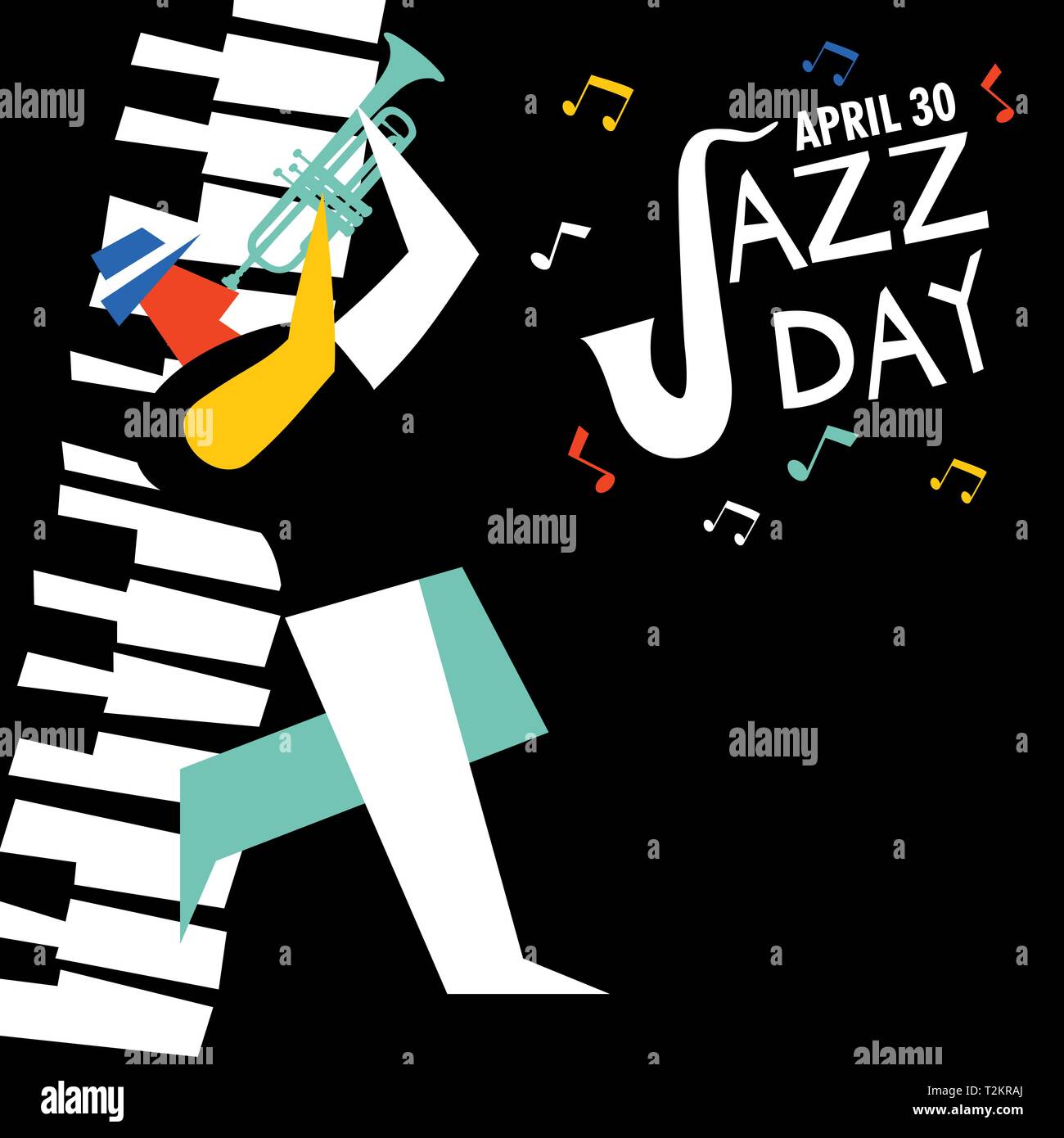 Jazz Tag Illustration für Musik feier Veranstaltung. Mann spielt Trompete mit Klavier-key-Hintergrund. Stock Vektor
