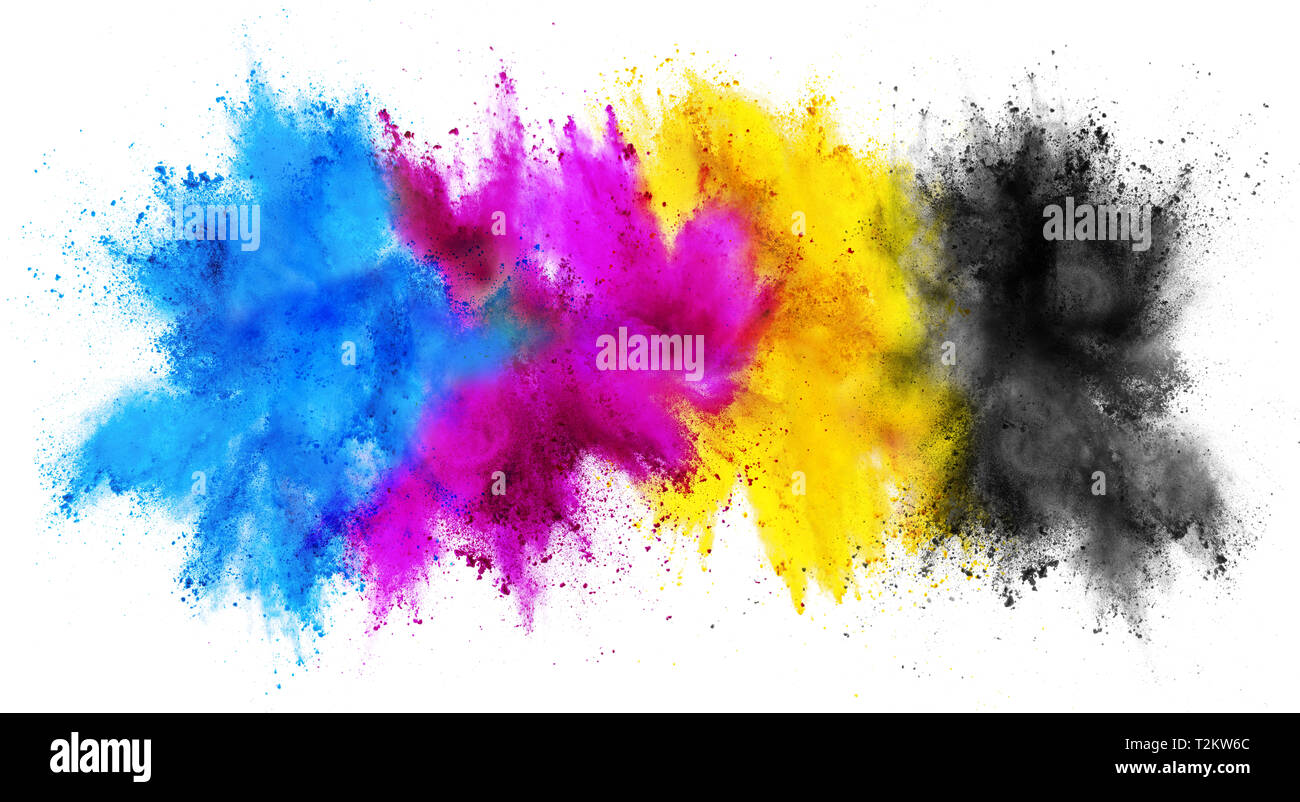 Bunte CMYK Cyan Magenta yellow Key holi Farbe pulverexplosion Print Konzept auf weißem Hintergrund Farbe Stockfoto