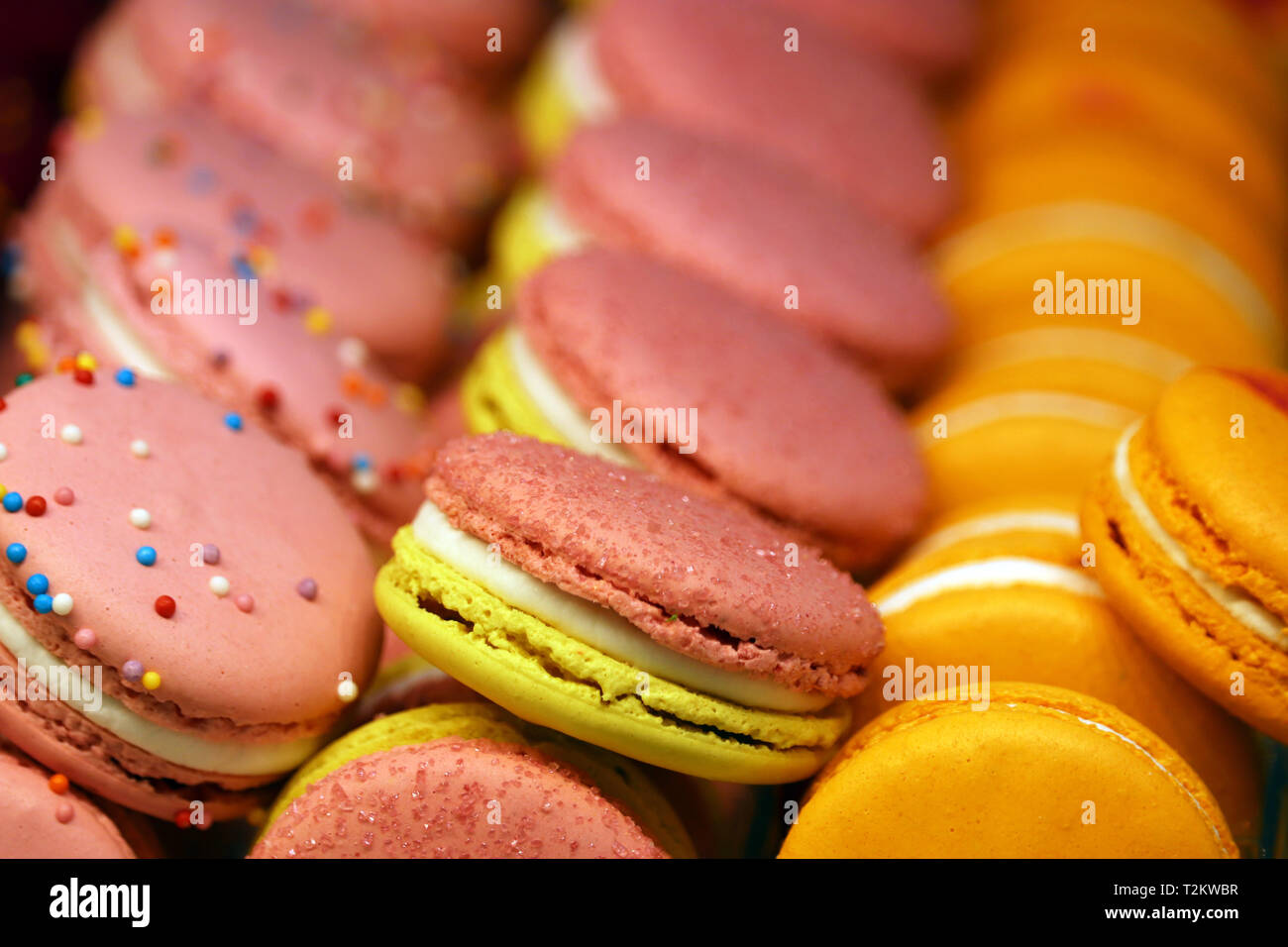 Makronen in einer Reihe, bunten süßen Hintergrund. Pink, Gelb und Orange almond Cookies mit Füllung, helle Farben Stockfoto
