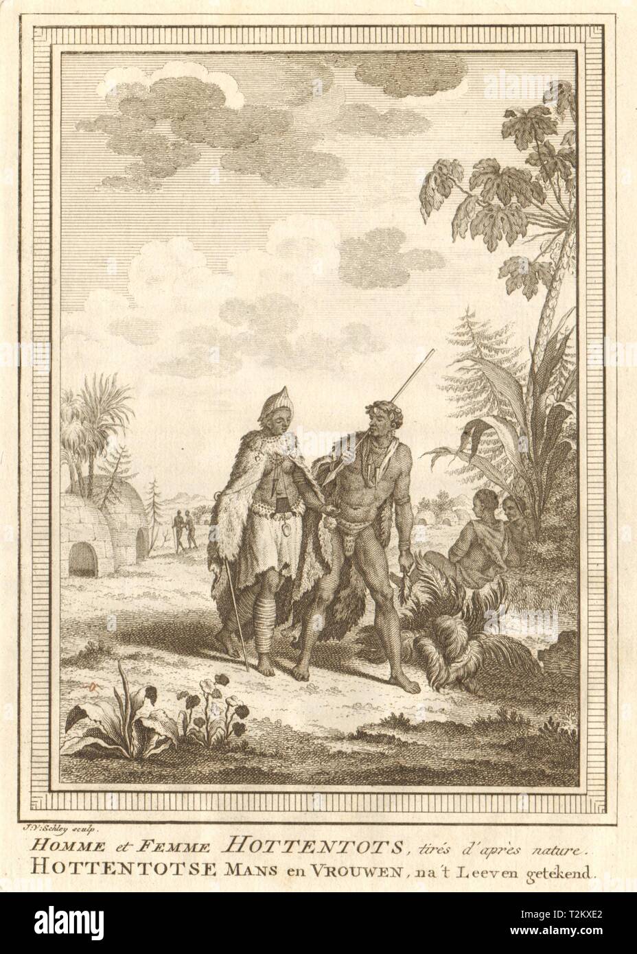 'Homme et Femme Hottentotten". Im südlichen Afrika. Khoikhoi Mann & Frau. SCHLEY 1748 Stockfoto