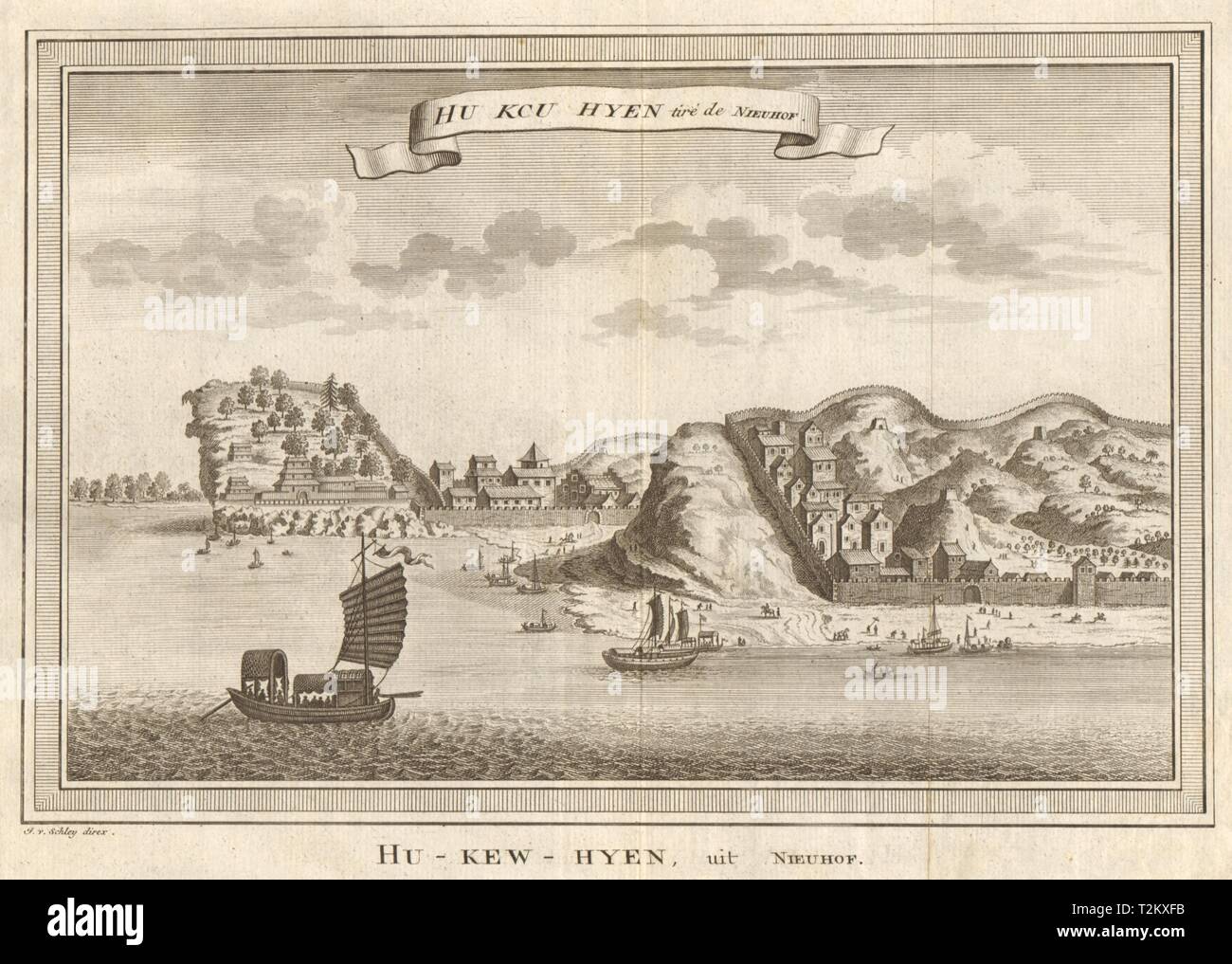 'Hu keu Hyen'. Ansicht des Hukou, Jiangxi, China. Dschunken. SCHLEY 1749 alten Drucken Stockfoto