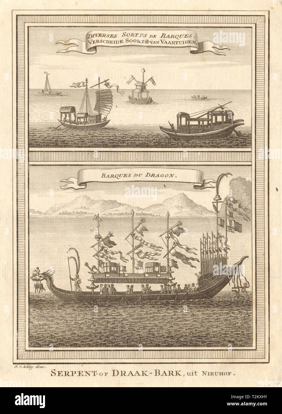 Chinesische Boote. Dschunken. Drachenboot. China. SCHLEY 1749 alten, antiken Drucken Stockfoto