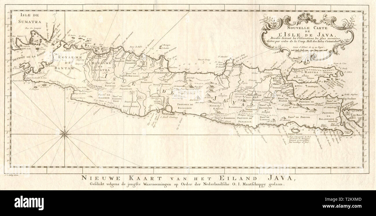 "Nouvelle Carte de l'Isle de Java'. Dutch East India Co BELLIN/SCHLEY 1753 Karte Stockfoto