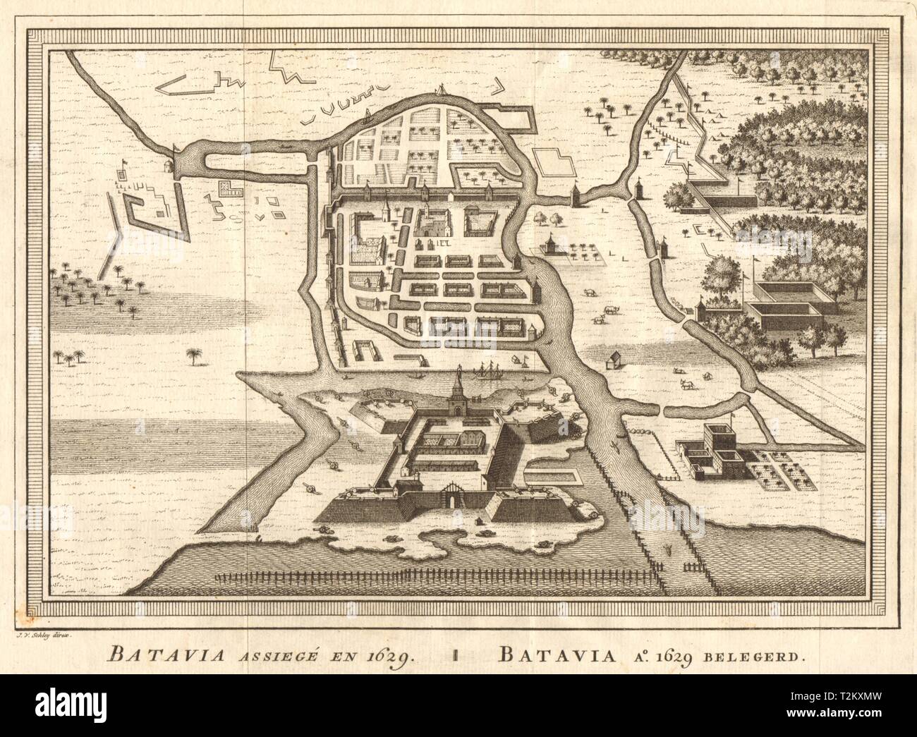 "Batavia assiégé en 1629". Belagerung von Jakarta. Indonesien. BELLIN/SCHLEY 1753 Karte Stockfoto