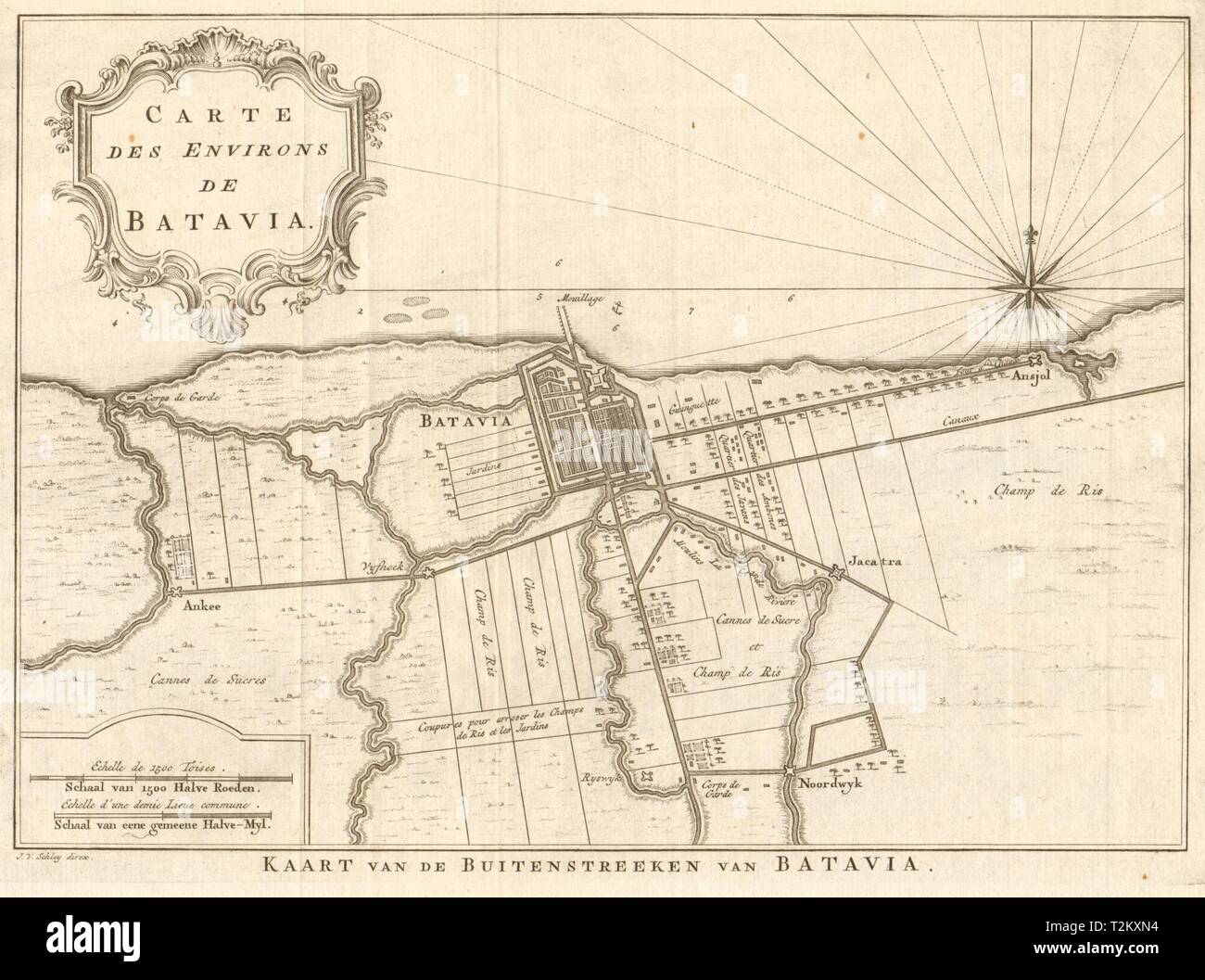 'Carte de Umgebung de Batavia". Jakarta, Indonesien. BELLIN/SCHLEY 1753 Karte Stockfoto