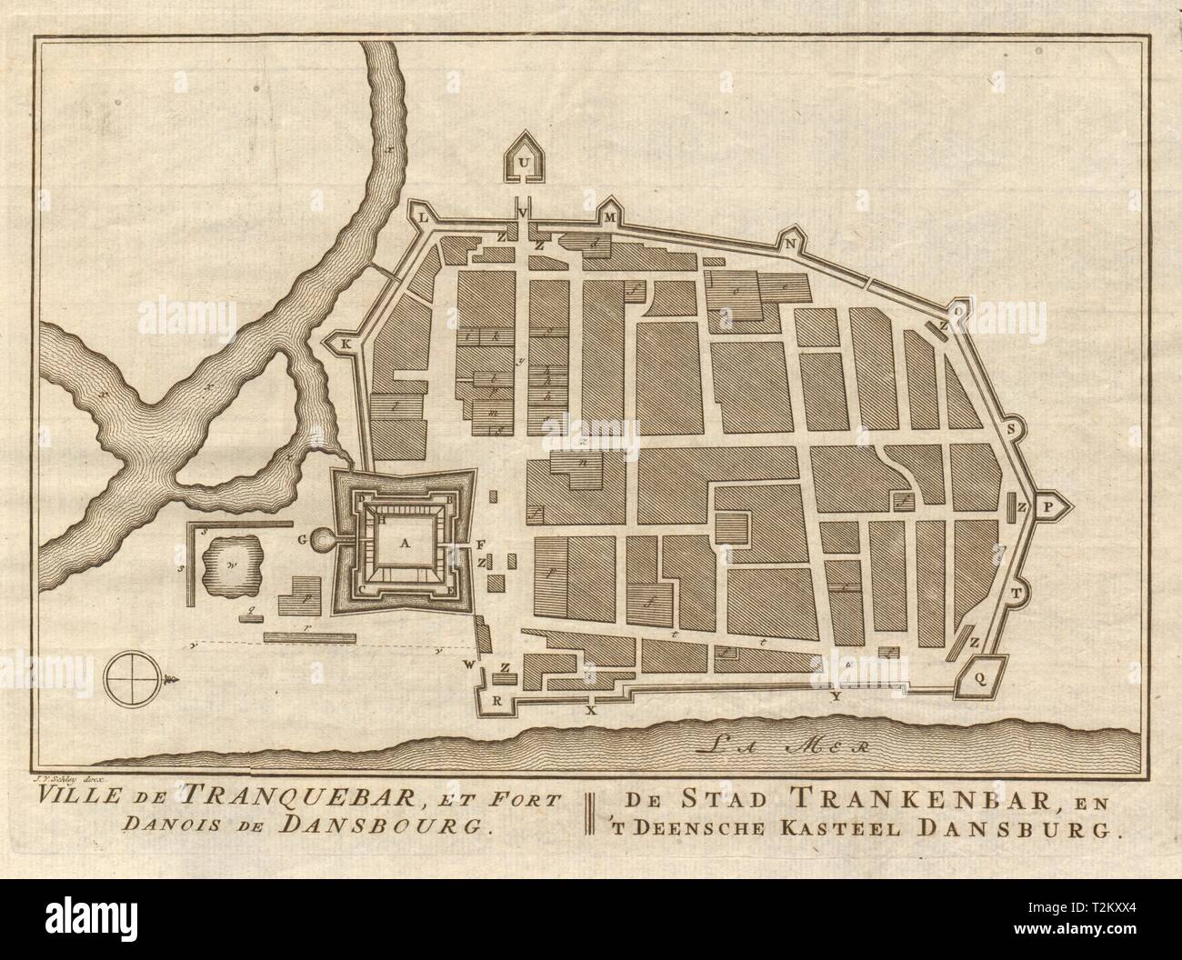 "Ville de Tranquebar &… Dansbourg'. Tharangambadi. BELLIN/SCHLEY 1756 alte Karte Stockfoto