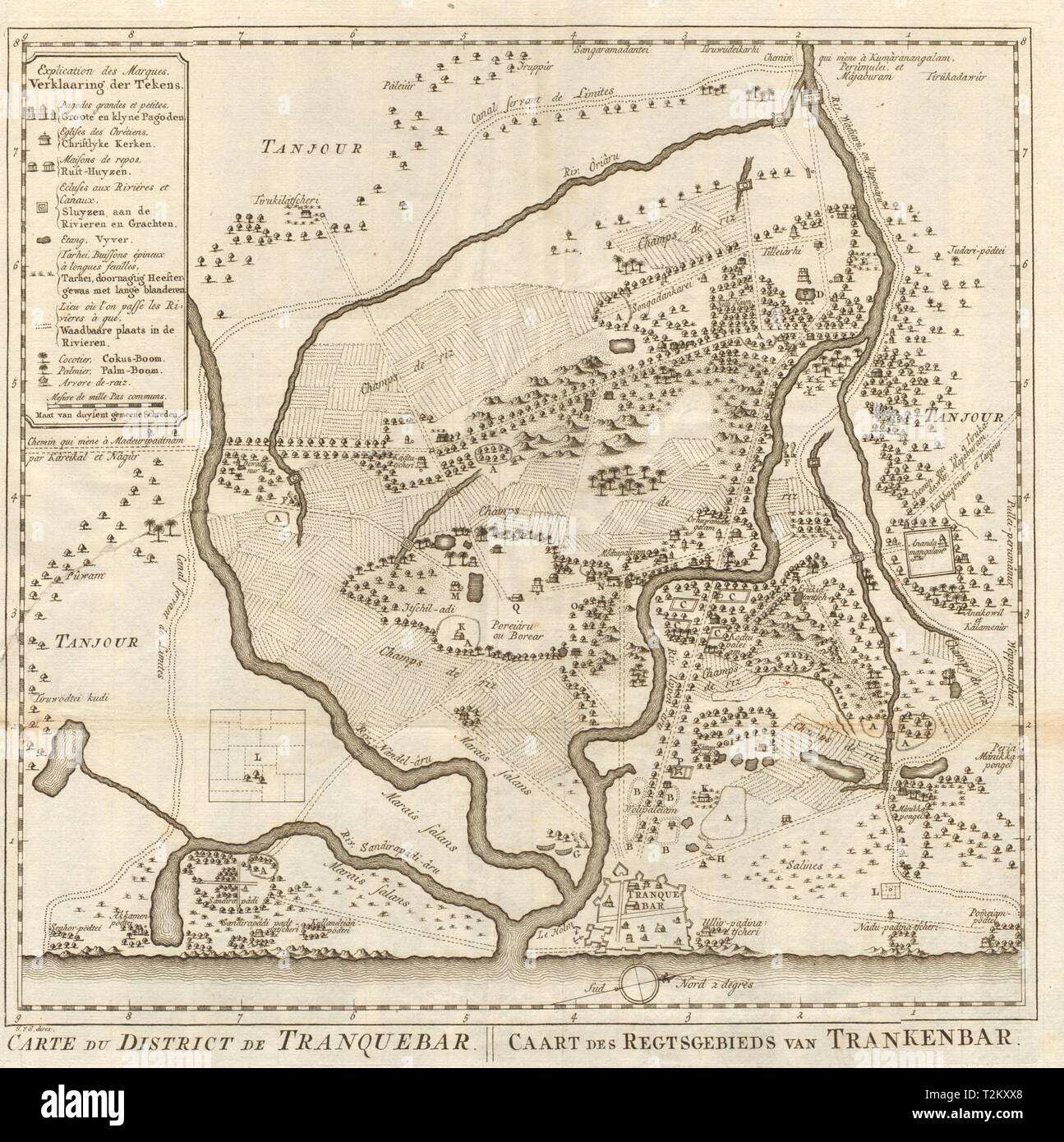 'Carte du District de Tranquebar". Tharangambadi, Indien. BELLIN/SCHLEY 1756 Karte Stockfoto