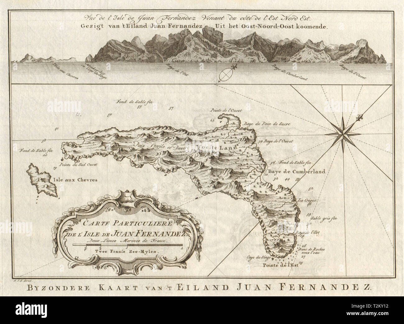 Isla Robinson Crusoe Insel Juan Fernandez, Chile. BELLIN/SCHLEY 1757 alte Karte Stockfoto