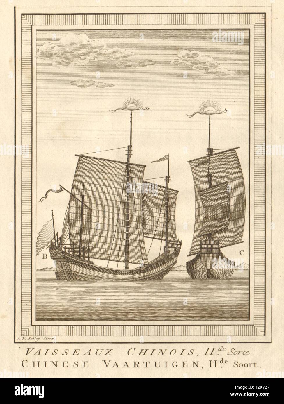 "Vaisseaux Chinois, II.de Sorte'. China. Chinesische Dschunken Boote Schiffe. SCHLEY 1757 Stockfoto
