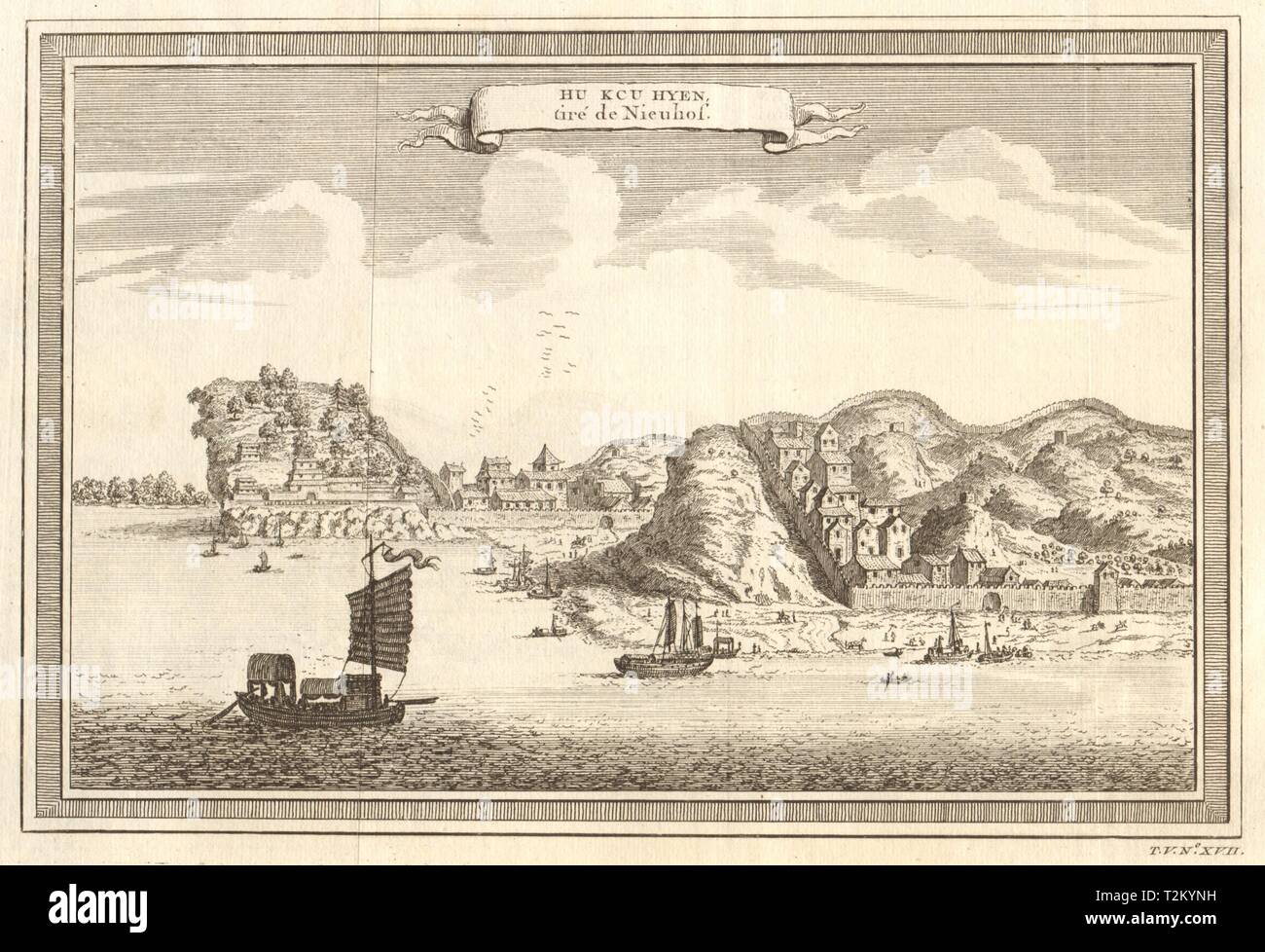 'Hu keu Hyen'. Ansicht des Hukou, Jiangxi, China. Dschunken. Befestigungsanlagen 1748 Drucken Stockfoto