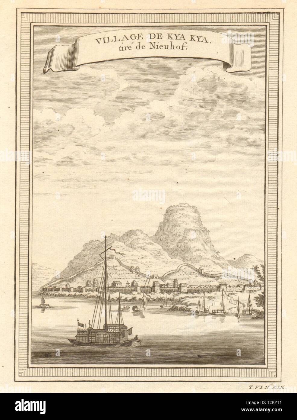 "Village de Kya-kya". China. Dorf Kya-kya. Boote Dschunken 1748 alten Drucken Stockfoto